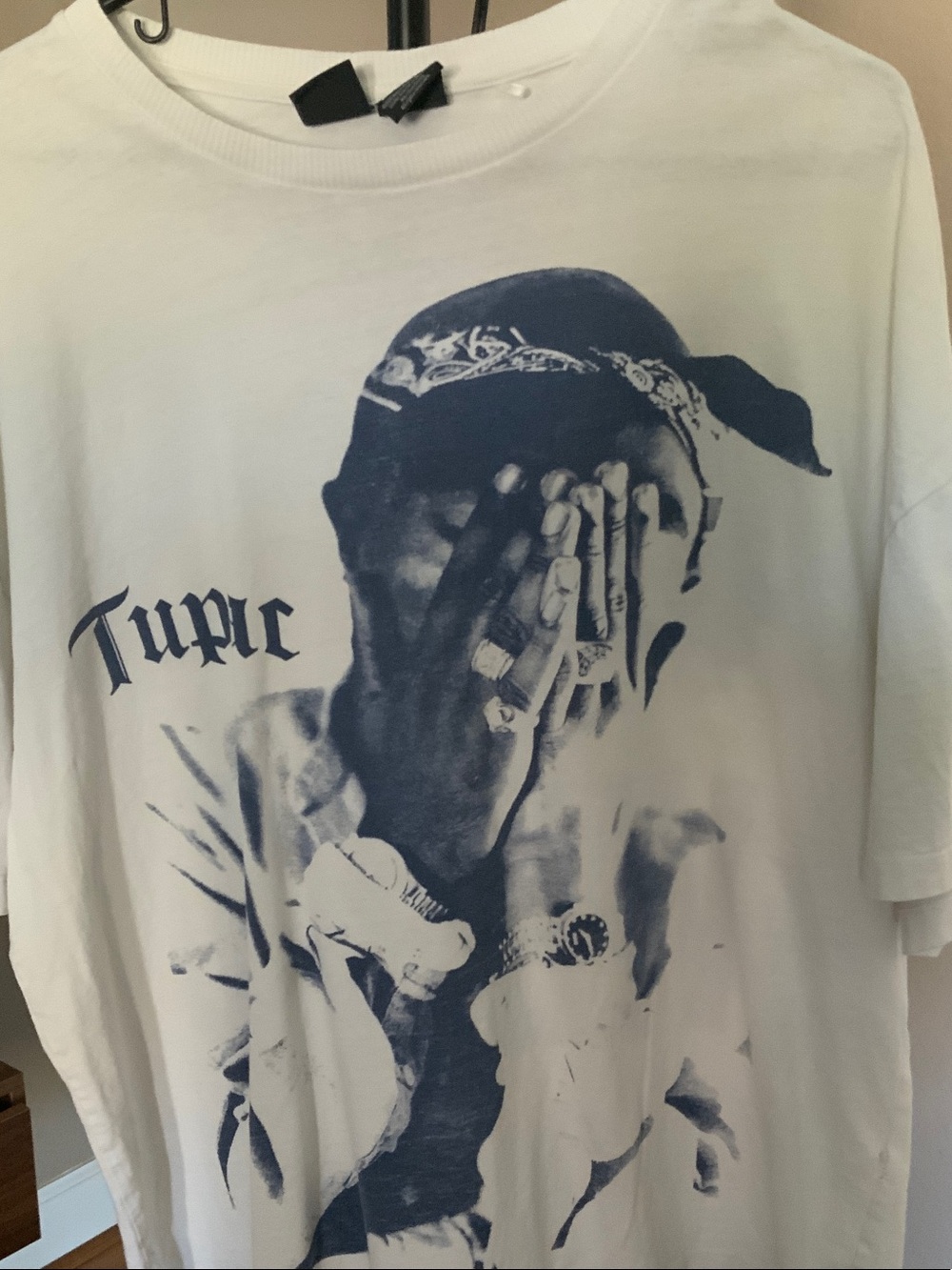 White Short-Sleeve Graphic Tee with Navy Tupac Portrait